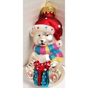 Teddy Bear Ornament Glass Blown Christmas w/ Blue Present Stripe Scarf & Red Hat